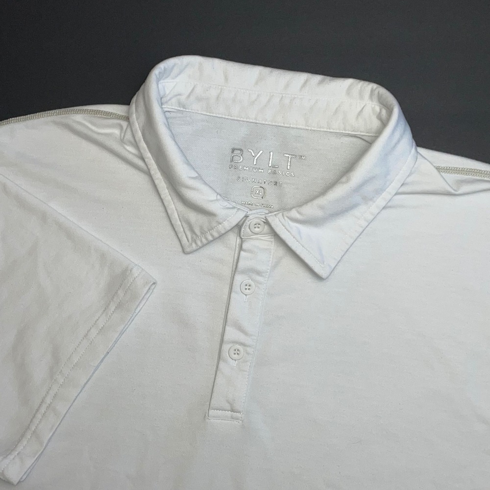 BYLT Premium Basics Signature Polo Shirt Mens XL White Short Sleeve Drop Hem